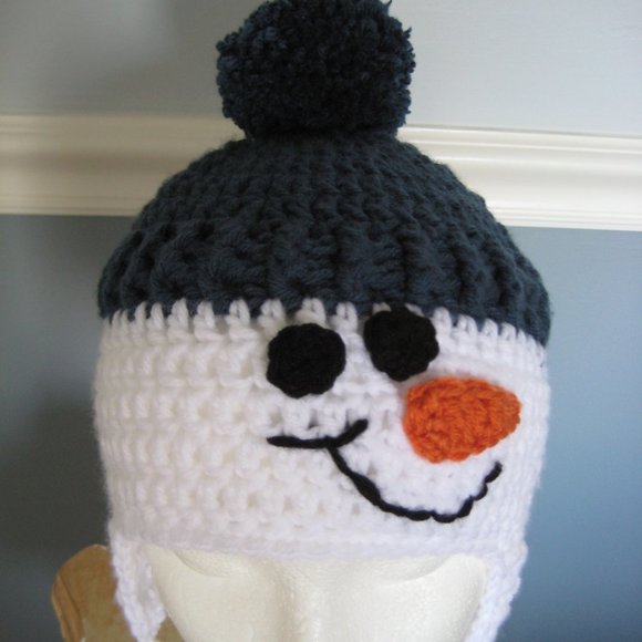 Navy Blue Snowman Hand Knit Hat / Unisex Child / Earflaps, Ties, Pom Pom's -SALE - Picture 6 of 6